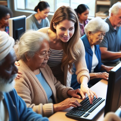 Photograph a volunteer teaching computer skills to elderly learners  10