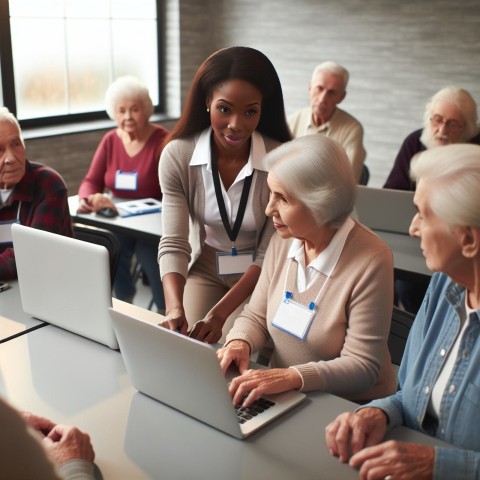 Photograph a volunteer teaching computer skills to elderly learners  9