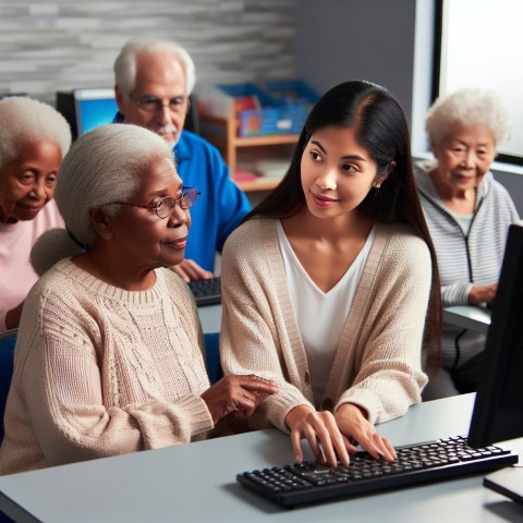 Photograph a volunteer teaching computer skills to elderly learners  8