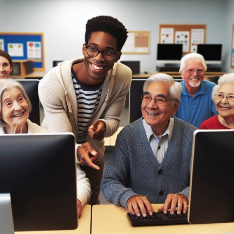 Photograph a volunteer teaching computer skills to elderly learners  6