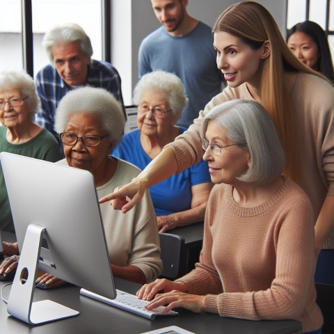 Photograph a volunteer teaching computer skills to elderly learners  5