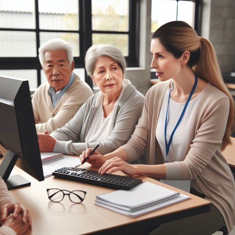 Photograph a volunteer teaching computer skills to elderly learners  3