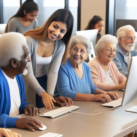 Photograph a volunteer teaching computer skills to elderly learners  2