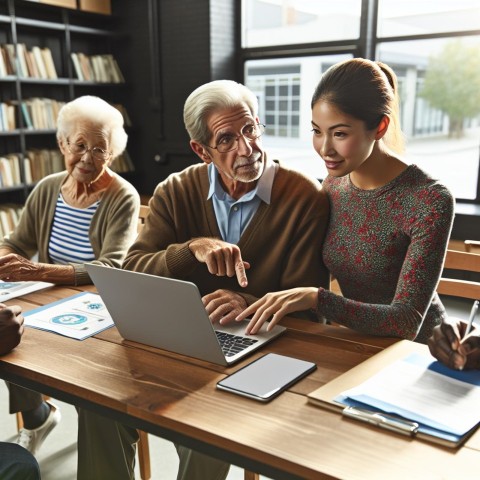 Photograph a volunteer teaching computer skills to elderly learners  1