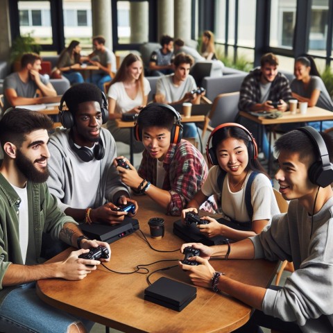 Capture a gaming club meeting in a university's student lounge 10