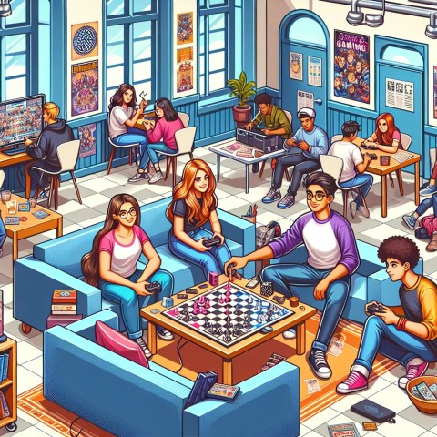 Capture a gaming club meeting in a university's student lounge 8