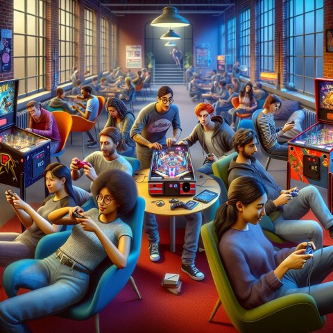 Capture a gaming club meeting in a university's student lounge 6