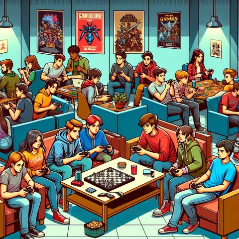 Capture a gaming club meeting in a university's student lounge 5