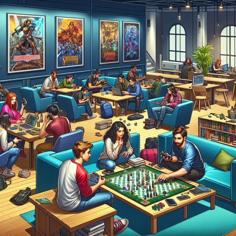 Capture a gaming club meeting in a university's student lounge 3