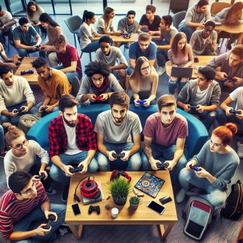 Capture a gaming club meeting in a university's student lounge 2