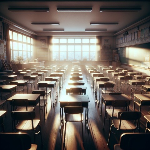 Take a picture of an empty classroom with chairs up on the desks  10