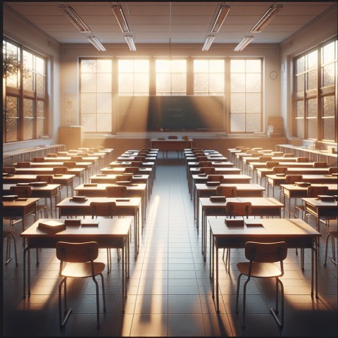 Take a picture of an empty classroom with chairs up on the desks  9