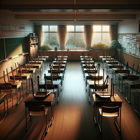 Take a picture of an empty classroom with chairs up on the desks  8
