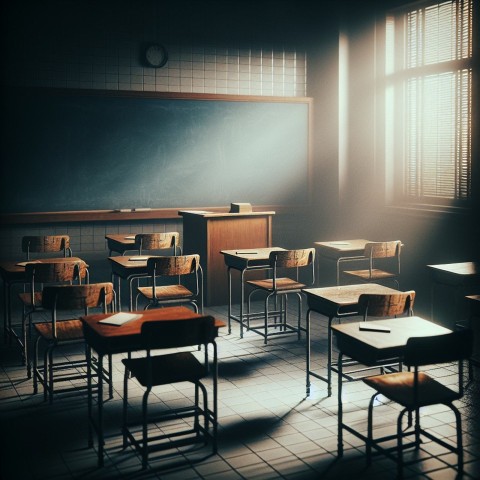 Take a picture of an empty classroom with chairs up on the desks  7