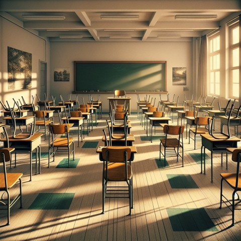 Take a picture of an empty classroom with chairs up on the desks  5
