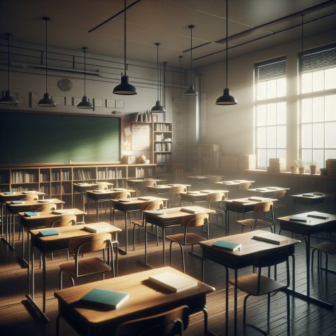 Take a picture of an empty classroom with chairs up on the desks  2