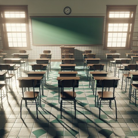 Take a picture of an empty classroom with chairs up on the desks  1