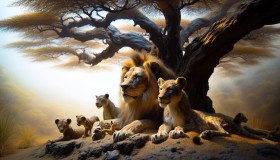 Close up of a lion pride resting under the shade of an acacia tree 5